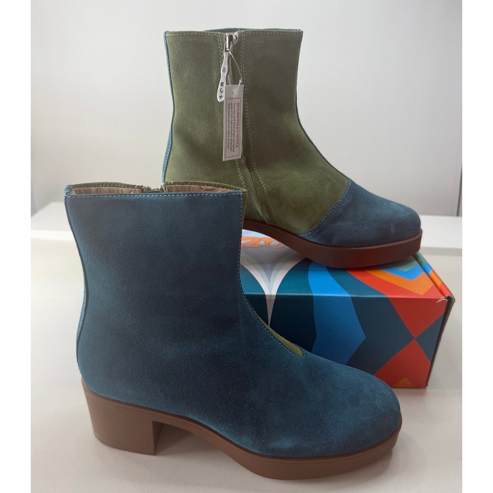 Lazo Siren Suede Ankle Boots Blue Olive Green Two Tone Platform Size 8 NEW